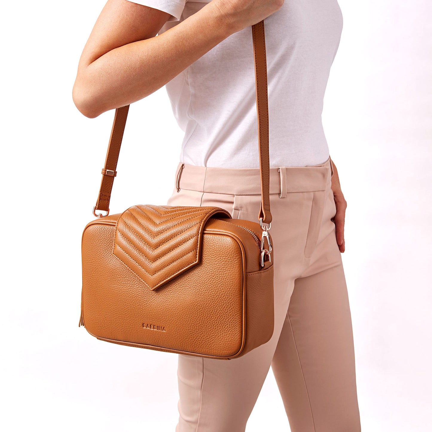 Baebina compact baby bag crossbody bag tan leather