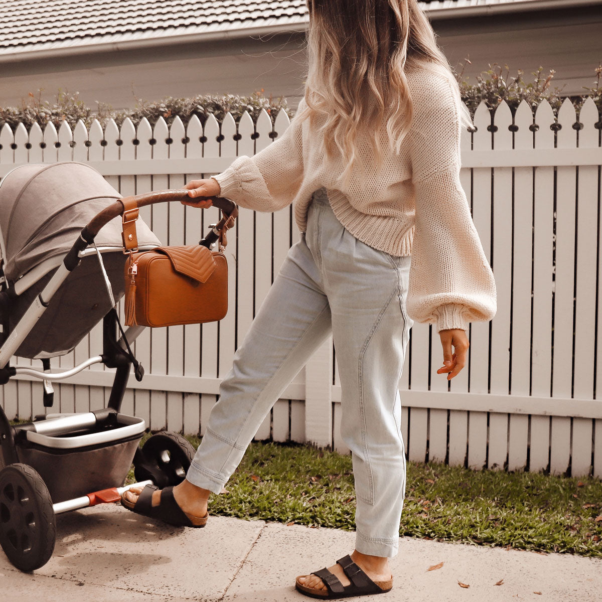 Baebina compact baby bag and pram caddytan leather