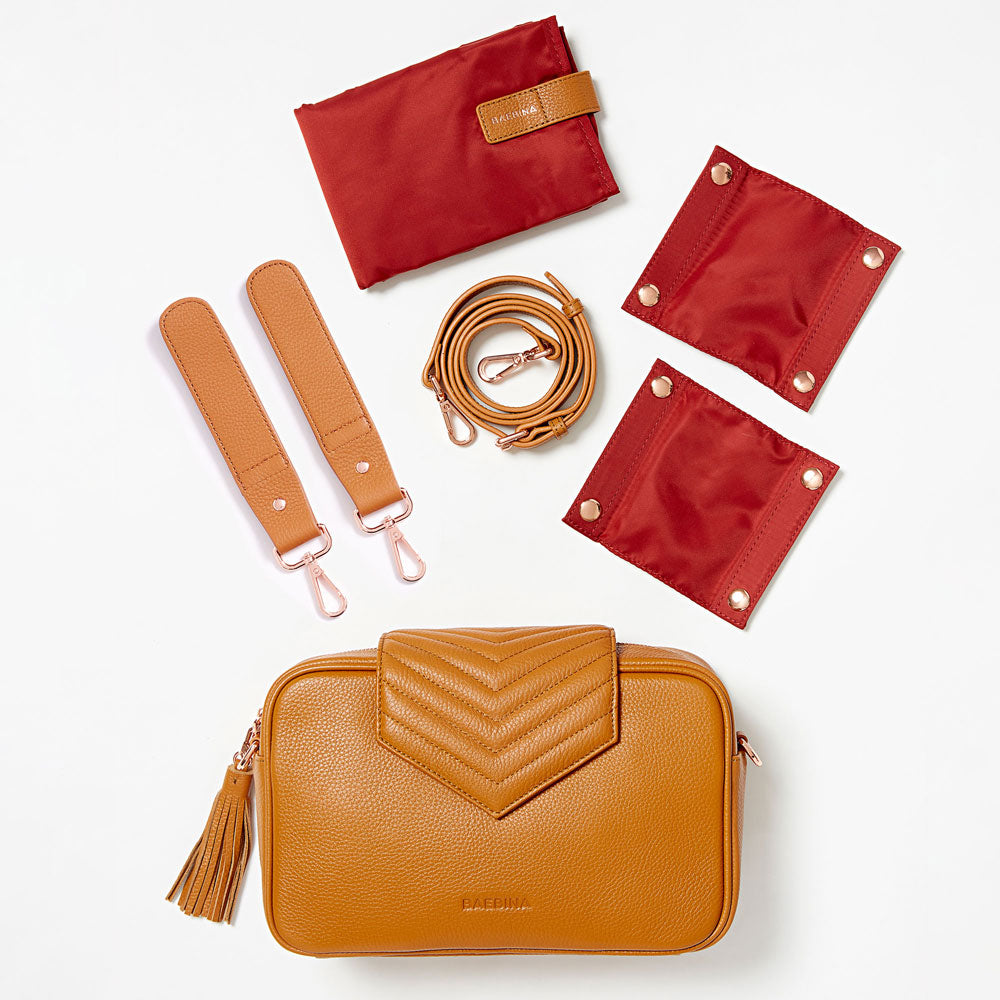Baebina compact baby bag and pram caddy tan leather