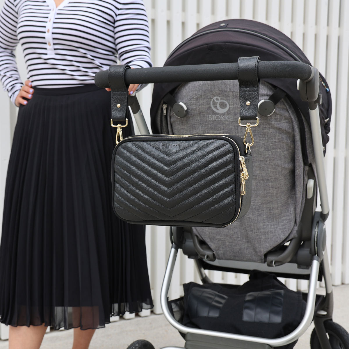 Leather nappy bag and pram caddy