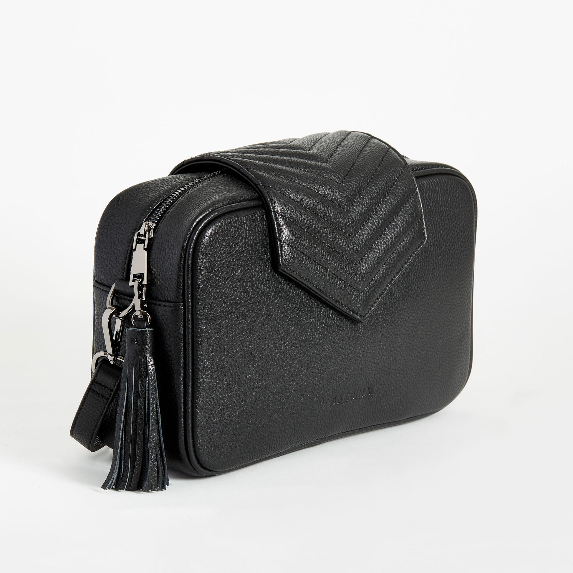 Black leather compact crossbody baby bag