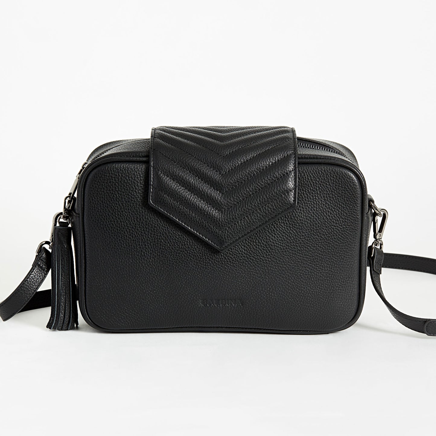 Black leather compact crossbody baby bag