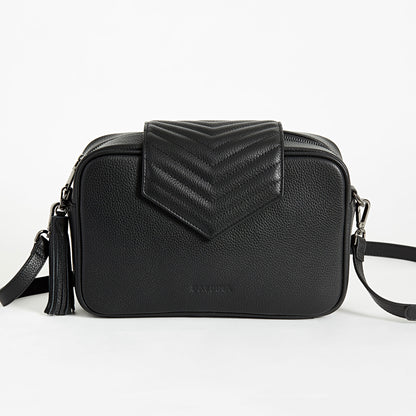 Black leather compact crossbody baby bag