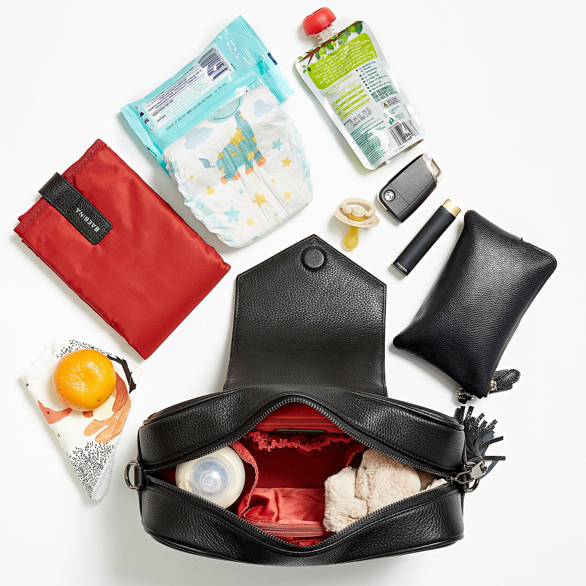 Black leather compact baby bag and pram caddy
