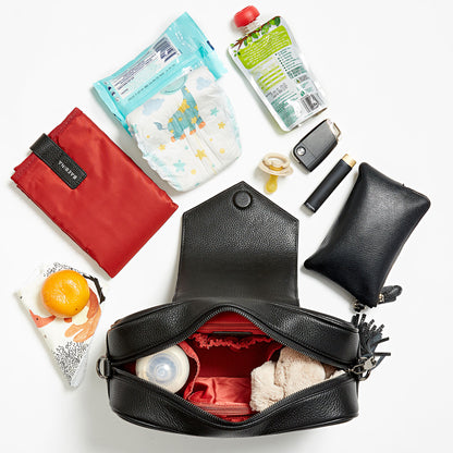 Black leather compact baby bag and pram caddy
