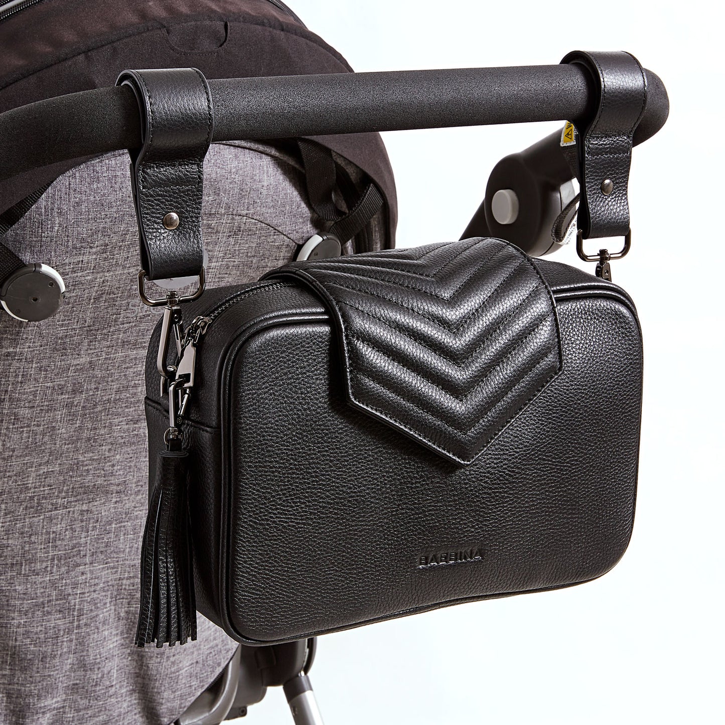 Black leather compact baby bag and pram caddy