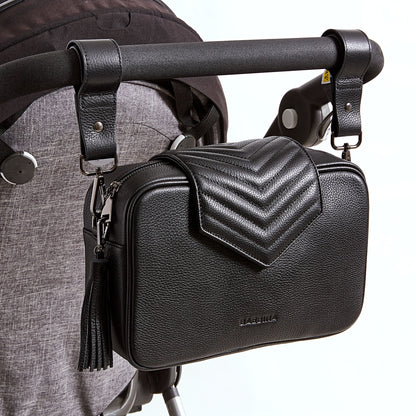 Black leather compact baby bag and pram caddy