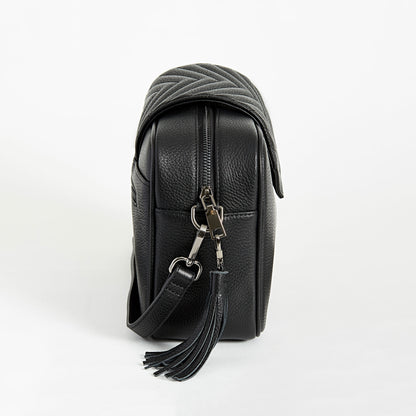 Black leather compact crossbody baby bag