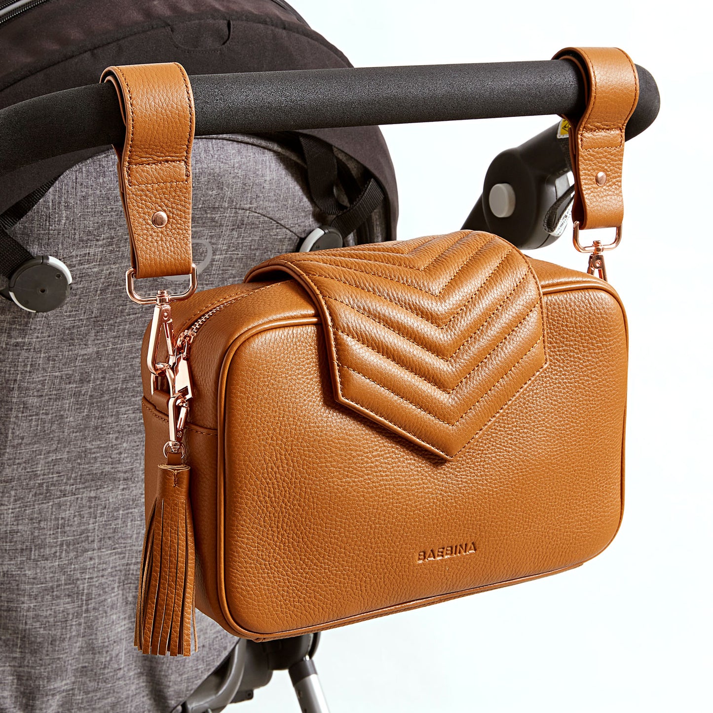 Baebina compact baby bag and pram caddy tan leather